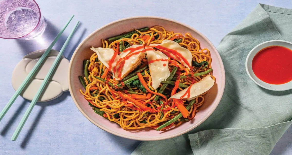 Double Pork Gyoza & Teriyaki Noodle Stir-Fry with Green Beans & Sriracha