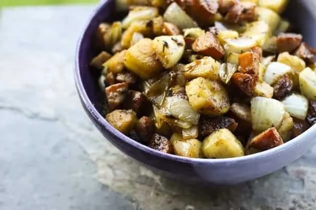 Kielbasa, Apple and Onion Stir-fry with Mini Puff Pancakes