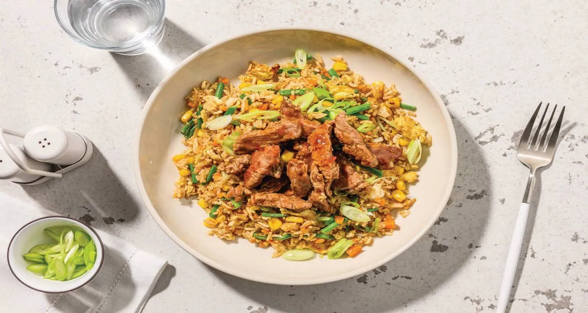 Sweet Lemon Chilli Beef with Veggie Fried Rice & Spring Onion