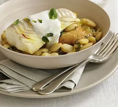 Braised cod with butter beans & mint
