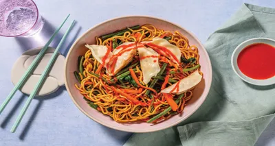 Double Pork Gyoza & Teriyaki Noodle Stir-Fry with Green Beans & Sriracha