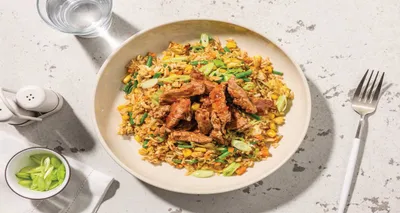 Sweet Lemon Chilli Beef with Veggie Fried Rice & Spring Onion