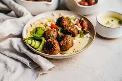 Vegan Greek Meatballs with Whipped Feta and Creamy Orzo