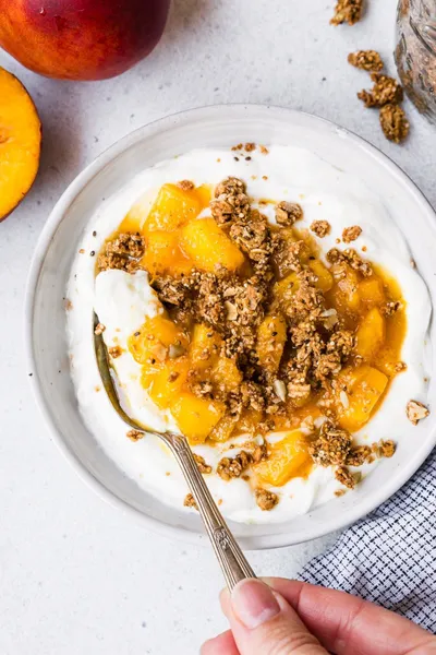Warm Peach Crisp Yogurt Bowl