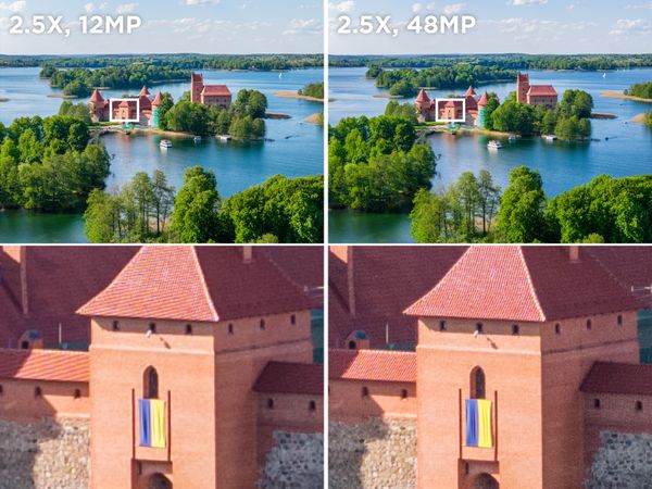 DJI Mavic 4 Pro — 70 mm telephoto · 12 MP vs 48 MP (Pixpro)